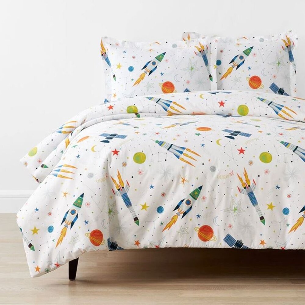 Outerspace Classic Cool Organic Cotton Percale Duvet Cover Set - White Multi